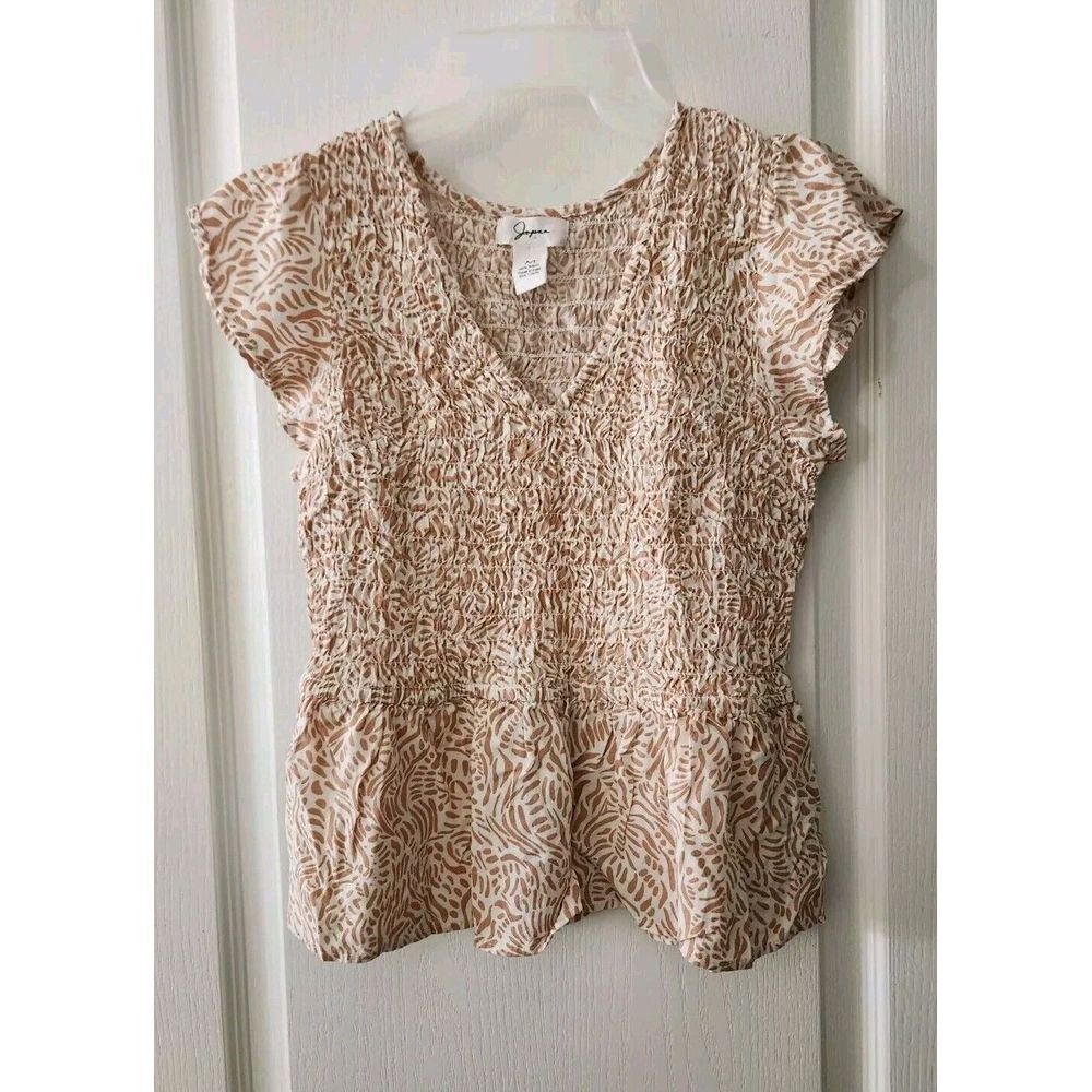 Japna Woman's V-Neck Short Sleeve 100% Rayon Blouse Size M